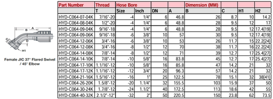 Female JIC 37° Flared Swivel/45° Elbow