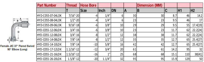 Female JIC 37° Flared Swivel 90° Elbow (LONG)