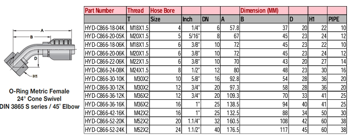 O-Ring Metric Heavy Female 24° Cone Swivel DIN 3865 S Series/45° Elbow