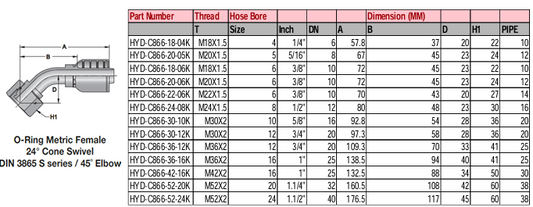 O-Ring Metric Heavy Female 24° Cone Swivel DIN 3865 S Series/45° Elbow