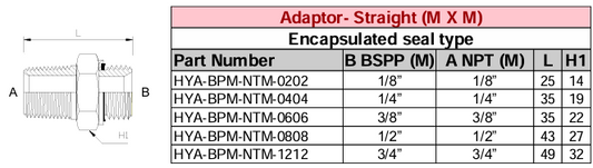 Adaptor - Straight (M X M) BSPP - NPT (Encapsulated Seal Type)