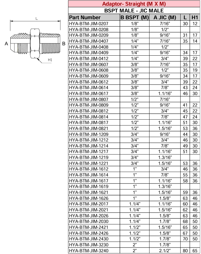 Adaptor - Straight (M X M) BSPT - JIC