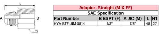 Adaptor - Straight (M X FF) BSPT - JIC - SAE Specification