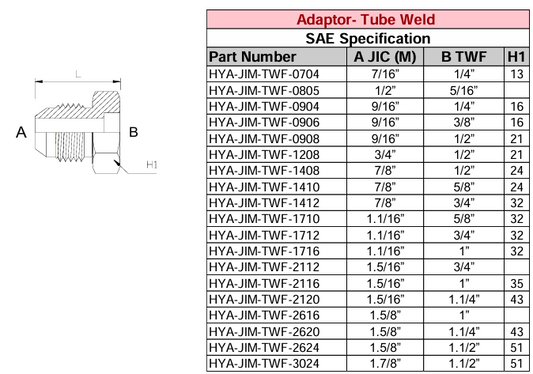 Adaptor - Tube Weld JIC x TWF - SAE Specification