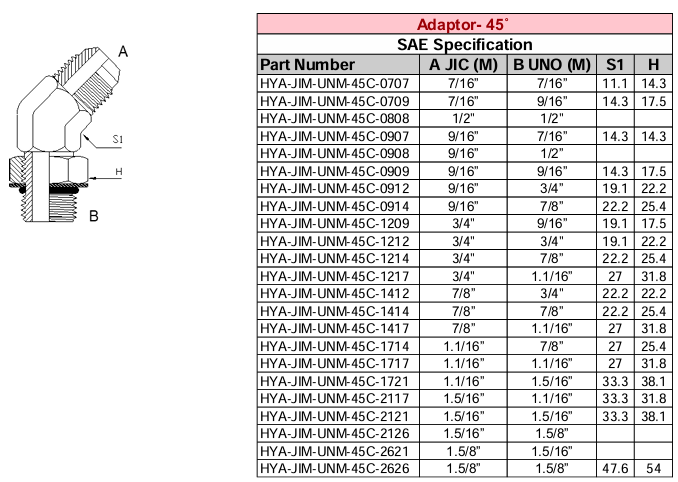 Adaptor - 45° - SAE Specification - JIC M x UNO M