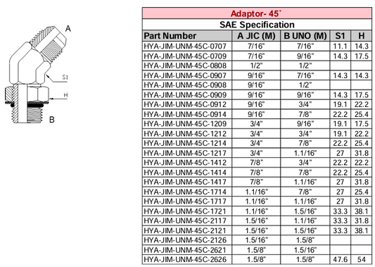 Adaptor - 45° - SAE Specification - JIC M x UNO M