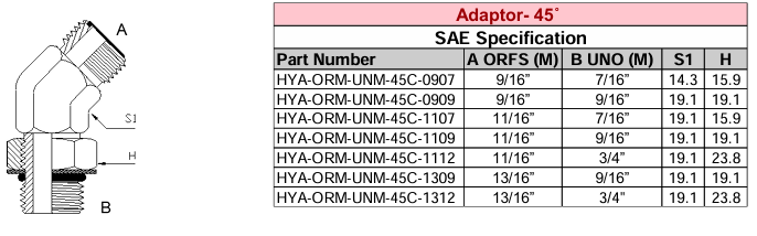 Adaptor - 45° - SAE Specification - ORFS M x UNO M