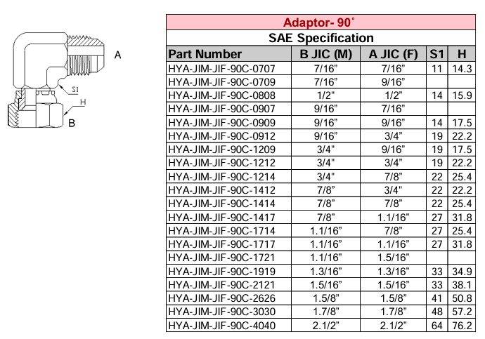 Adaptor - 90° SHORT - SAE Specification - JIC MALE x JIC FEMALE