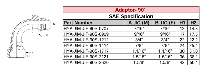 Adaptor - 90° LONG - SAE Specification - JIC MALE x JIC FEMALE