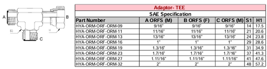 Adaptor - TEE - SAE Specification - ORFS (M) x ORFS (F) x ORFS (M)