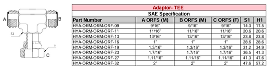 Adaptor - TEE - SAE Specification - ORFS (M) x ORFS (M) x ORFS (F)